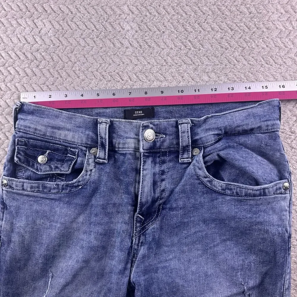 True Religion Jeans Mens 32x34 Blue‎ Geno Relaxed Slim Flap Pocket Distressed